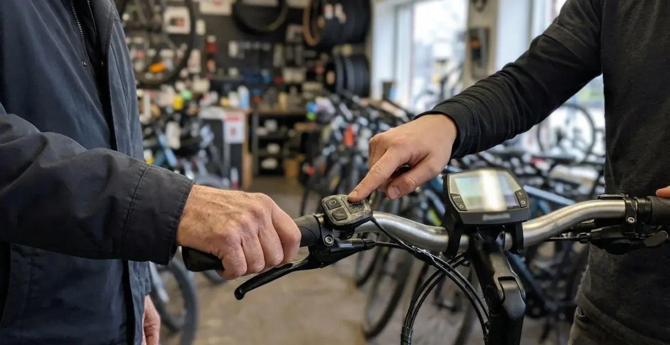 Les mains d'un conseiller montrent le guidon d'un vélo électrique à un client dans une boutique, écran de commande flouté, lumière naturelle provenant de la vitrine