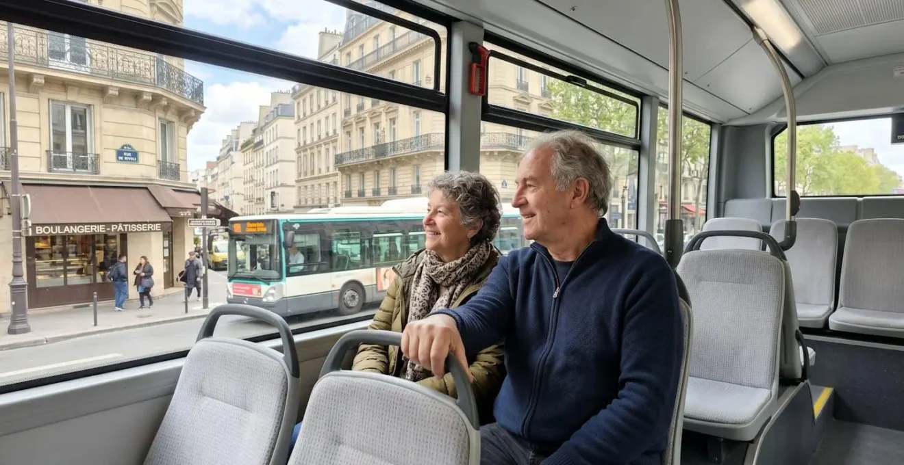 Un couple de seniors assis côte à côte sur des sièges de bus touristique, regardant par la fenêtre le paysage urbain parisien, sourires détendus