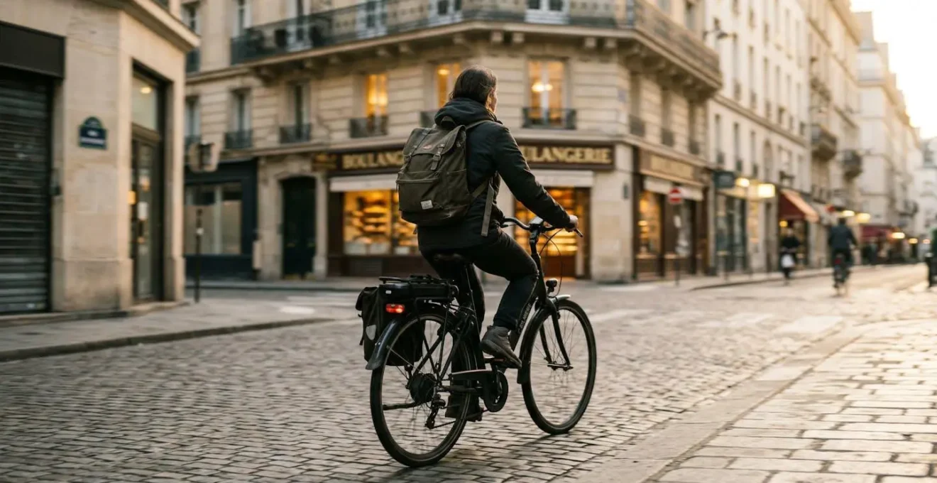 Un cycliste de dos pédale sur un vélo hollandais électrique dans une rue parisienne bordée d'immeubles haussmanniens, sac à dos visible, lumière matinale dorée