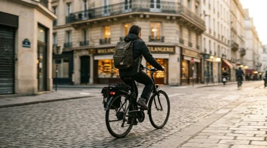 Un cycliste de dos pédale sur un vélo hollandais électrique dans une rue parisienne bordée d'immeubles haussmanniens, sac à dos visible, lumière matinale dorée