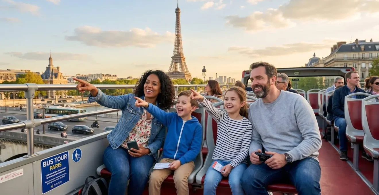 Une famille de quatre personnes observe le paysage parisien depuis l'étage supérieur d'un bus touristique à impériale, la Tour Eiffel visible en arrière-plan dans la lumière dorée de fin d'après-midi