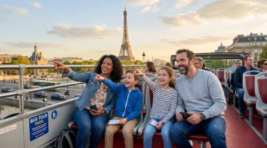 Une famille de quatre personnes observe le paysage parisien depuis l'étage supérieur d'un bus touristique à impériale, la Tour Eiffel visible en arrière-plan dans la lumière dorée de fin d'après-midi