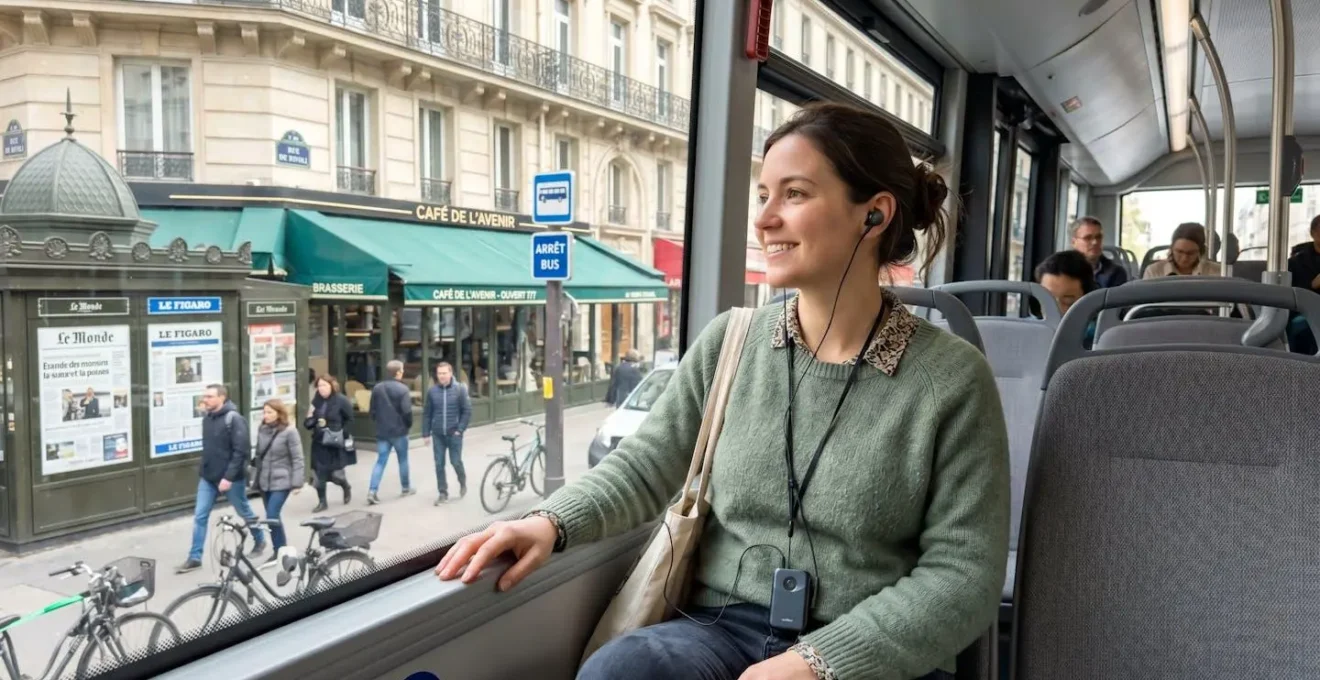 Une jeune femme portant des écouteurs connectés à un audioguide, assise sur un siège de bus touristique, regarde avec intérêt une rue parisienne animée par la fenêtre