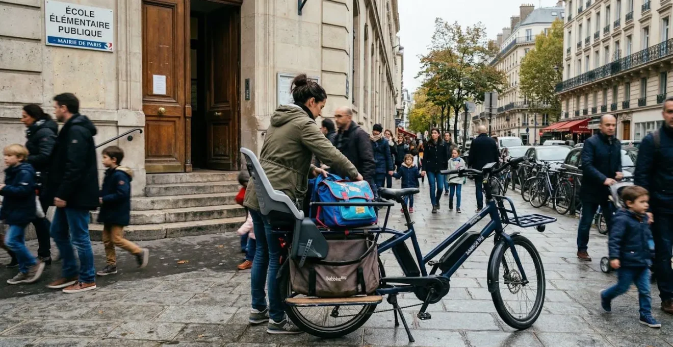 Un vélo longtail électrique avec siège enfant est garé devant une école parisienne, un parent de dos range un cartable dans le porte-bagages arrière, scène matinale